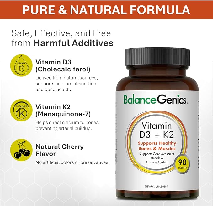 Vitamin D3 + K2 for Healthy Bones & Muscles - Dietary Supplement Supports Immune System, Muscle Function & Overall Wellness - Calcium Supplement with Organic Formula - 50mcg D3&75mcg K2