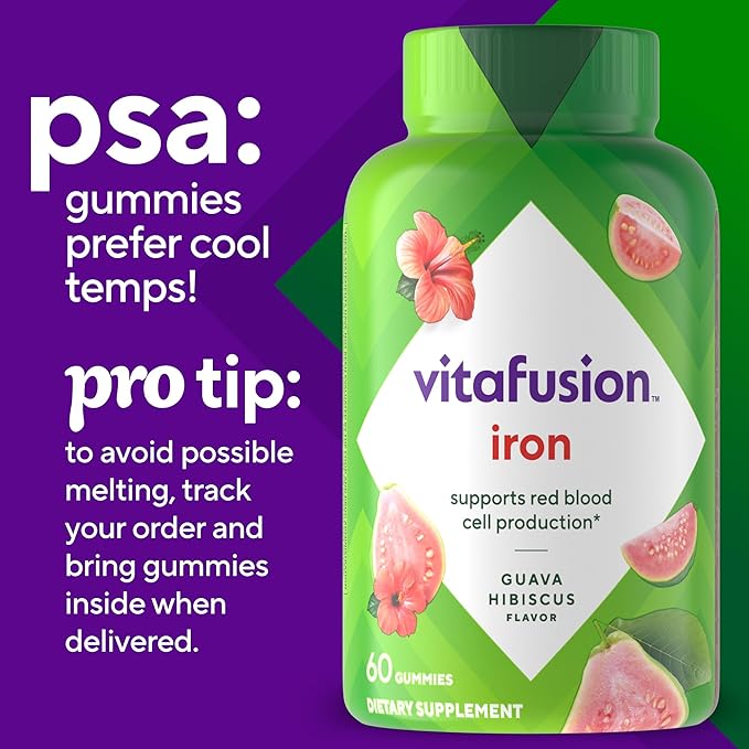 Vitafusion Iron Gummy Vitamin Supplement, Supports Red Blood Cell Production*, Guava Hibiscus Flavor, 30 Servings, 60 Count