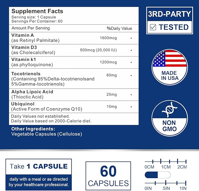 ADK Vitamin Supplement 20000 IU - High Potency Vitamins A, D3 and K1 for Heart, Bone Health and Immune Support Vitamin ADK 60 Capsules