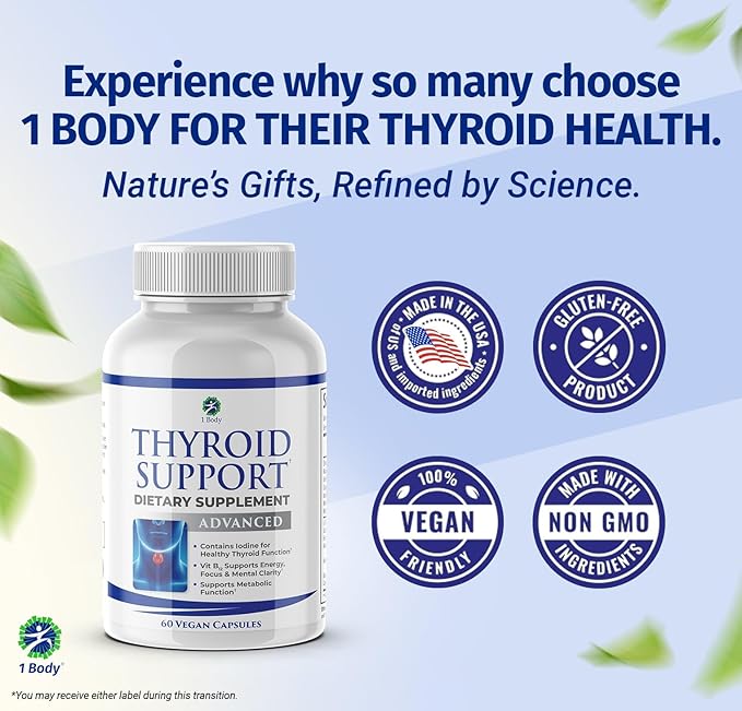 1 Body Thyroid Support Supplement with Iodine, B12, Zinc, Selenium, Ashwagandha, Non-GMO, Vegetarian, 30 Day Supply