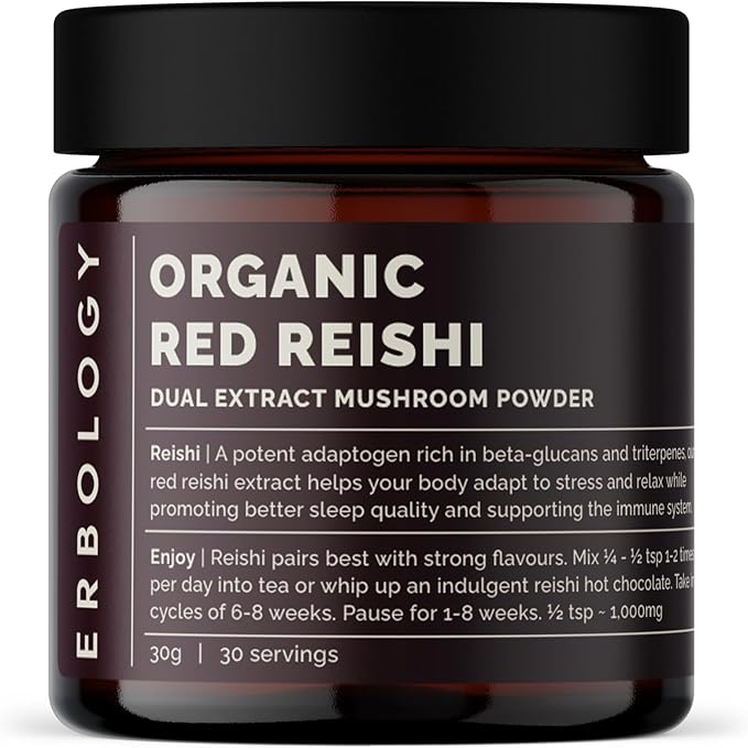 Erbology Organic Reishi Dual Extract Powder 30 Servings - 18% Beta-glucans - Immunity Support - Ganoderma Lucidum - Small Batch - Sustainably Grown in Europe - Vegan - Non-GMO - No Added Fillers