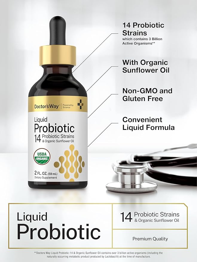 Doctor's Way Liquid Probiotic | 2 fl oz | 14 Probiotic Strains with Organic Sunflower Oil | Non-GMO Supplement