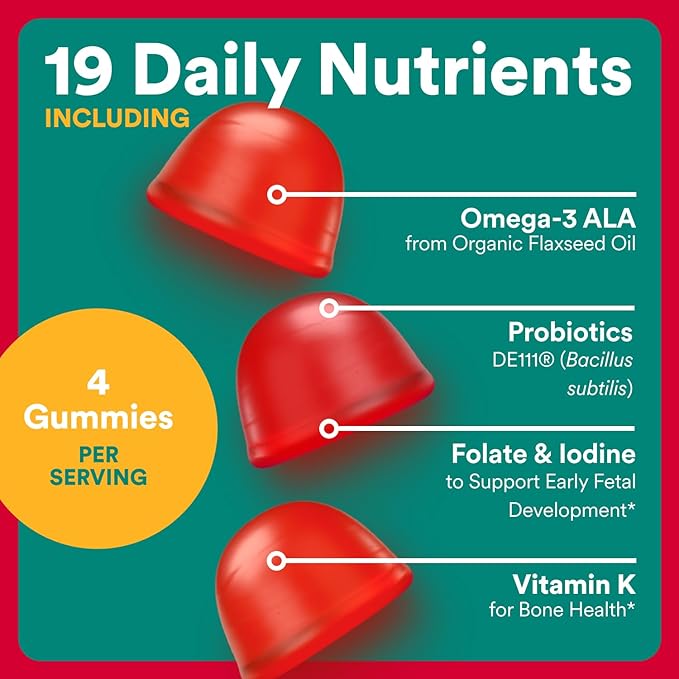 SmartyPants Organic Prenatal Vitamins for Women, Multivitamin Gummies: Probiotics, Biotin, Methylfolate, Omega 3 (ALA), Vitamin D3, C, Vitamin B12, B6, A, K2 & Zinc, Choline, 120 Count (30 Day Supply)