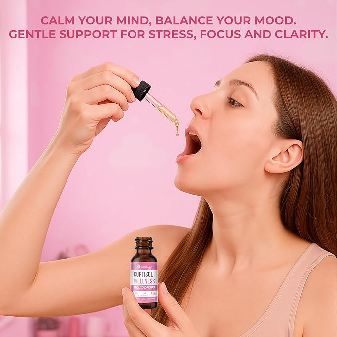 Cortisol Supplement Liquid Drops - Hormone Balance & Mood Support for Women – 2 fl oz Adaptogen Complex with Ashwagandha, GABA, Magnesium Glycinate, Rhodiola, 5-HTP – Sugar Free, Vegan, Non-GMO
