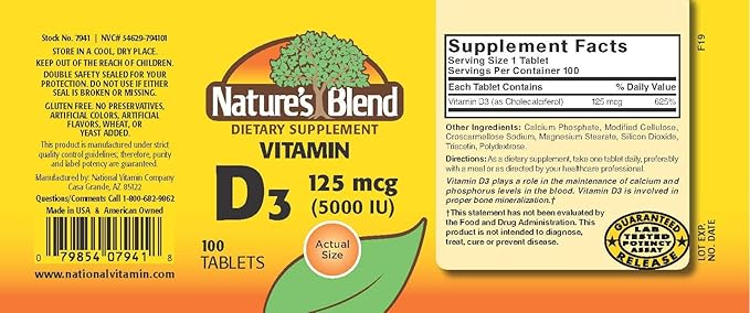 Nature's Blend Vitamin D3, 5000 IU 100 Tablets