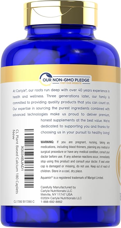 Carlyle Plant Based Calcium with Vitamin K2, D3, Magnesium | 180 Vegan Caplets | Bone Strength Supplement | Non-GMO, & Gluten Free