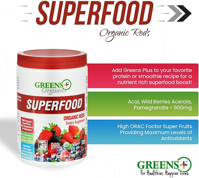 Greens+ Organic Reds Superfood Powder Camu Camu Dietary 400mg Vitamin C SuperFruit Supplement 120 Capsules, 100% Natural, Vitamins & Minerals, Vegan, Soy/Dairy/Gluten Free