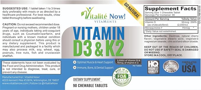 Best Vitamin D3 2000 IU + K2 - Optimized Absorption in Best Form MK7 for Lung Health, Strong Bones & Healthy Heart - All Natural - Cherry Flavor - 90 Chewable Tablets - 3 Month Supply!