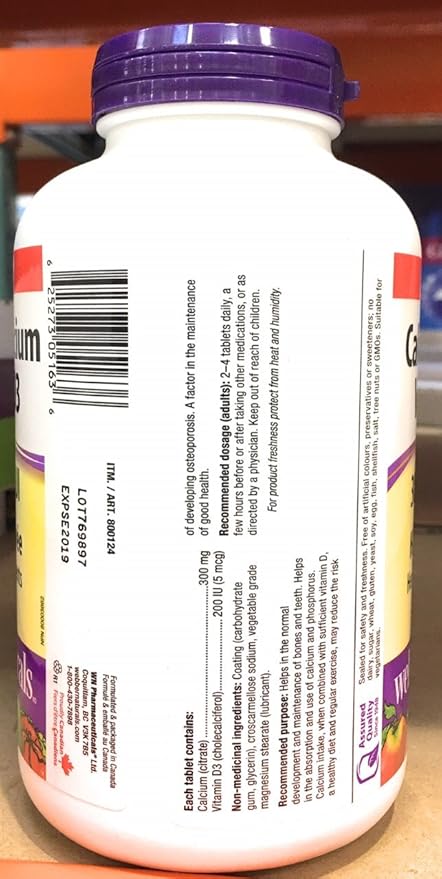 Webber Naturals Calcium Citrate Vitamin D3, 300mg / 200IU High Absorption, 350 Tablets