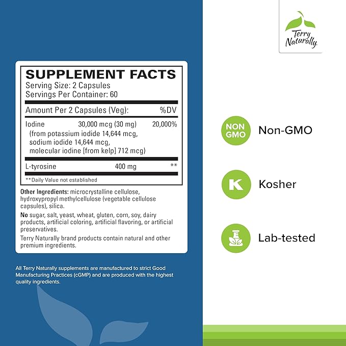 Terry Naturally Thyroid Care - Immune Health & Energy Support Formula - Nutritional Supplement with Iodine for Thyroid Health Support - Wellness Supplement with L-Tyrosine - 120 Capsules