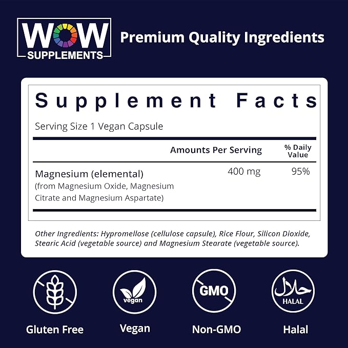 WOW Supplements Magnesium 400 mg Complex - Supplement for Men and Women - Citrate, Aspartate & Magnesium Oxide 400mg - 180 Capsules