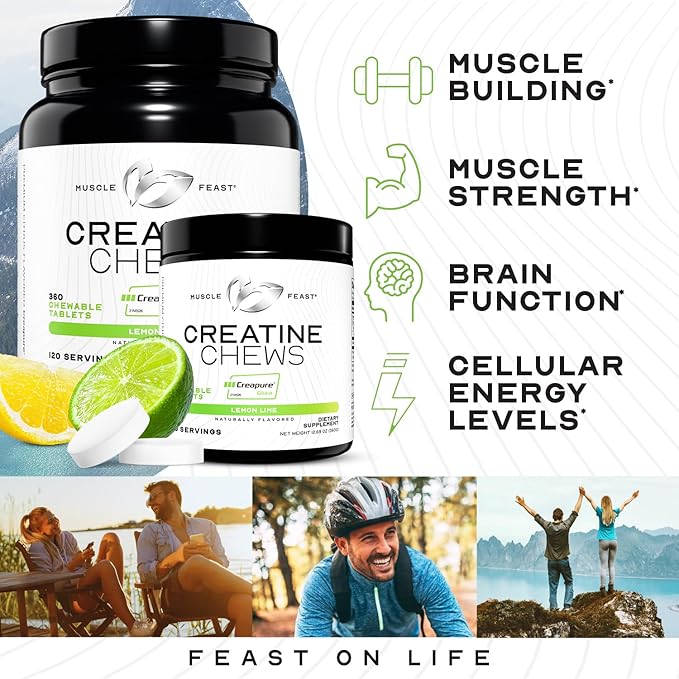 Muscle Feast Vegan Creatine Monohydrate, Gluten-Free Creapure Chews, Lemon Lime, 360 Tabs