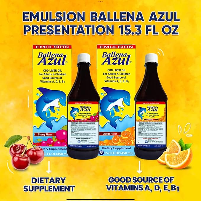 Ballena Azul Aceite de Hígado de Bacalao para Adultos y Niños, COD Liver Oil for Adults and Children,Vitamins A,D,E, B1, Dietary Supplement, Omega 3, Inmune System Boost, Cherry (Cherry 15 OZ)