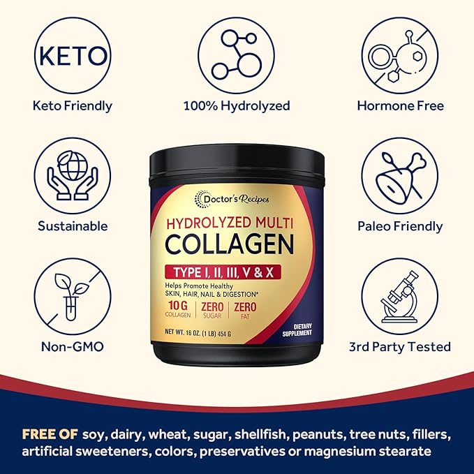 Doctor's Recipes Multi Collagen Peptides Powder for Women & Men, Grass-Fed Bovine Hydrolyzed Protein Type I II III V X, for Skin, Hair, Nails, Unflavored, Easy to Dissolve, Paleo & Keto, 16oz