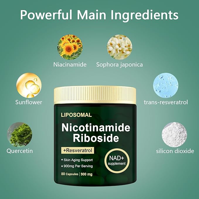 Nicotinamide Riboside, Liposomal Nicotinamide Riboside, Resveratrol Quercetin Supplement for Vitality, Anti Aging, Energy, Focus, Actual Addition