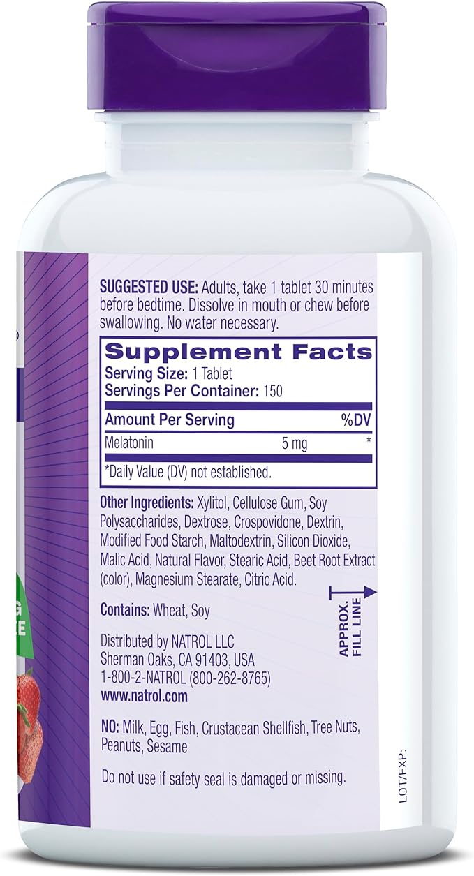 Natrol Fast Dissolve Melatonin 5 mg, Melatonin Supplements for Restful Sleep, Sleep Support for Adults, 150 Strawberry-Flavored Tablets, Up to a 150 Day Supply
