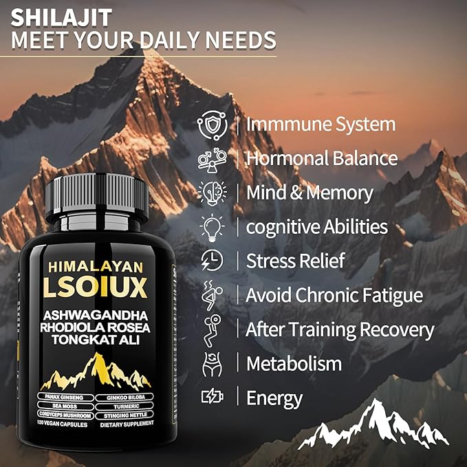 Shilajit Pure Himalayan Organic - 26500MG Shilajit for Men- Enriched with Fulvic Acid and Ashwagandha Ginseng Root Extract for Men/Women-120 Capsules