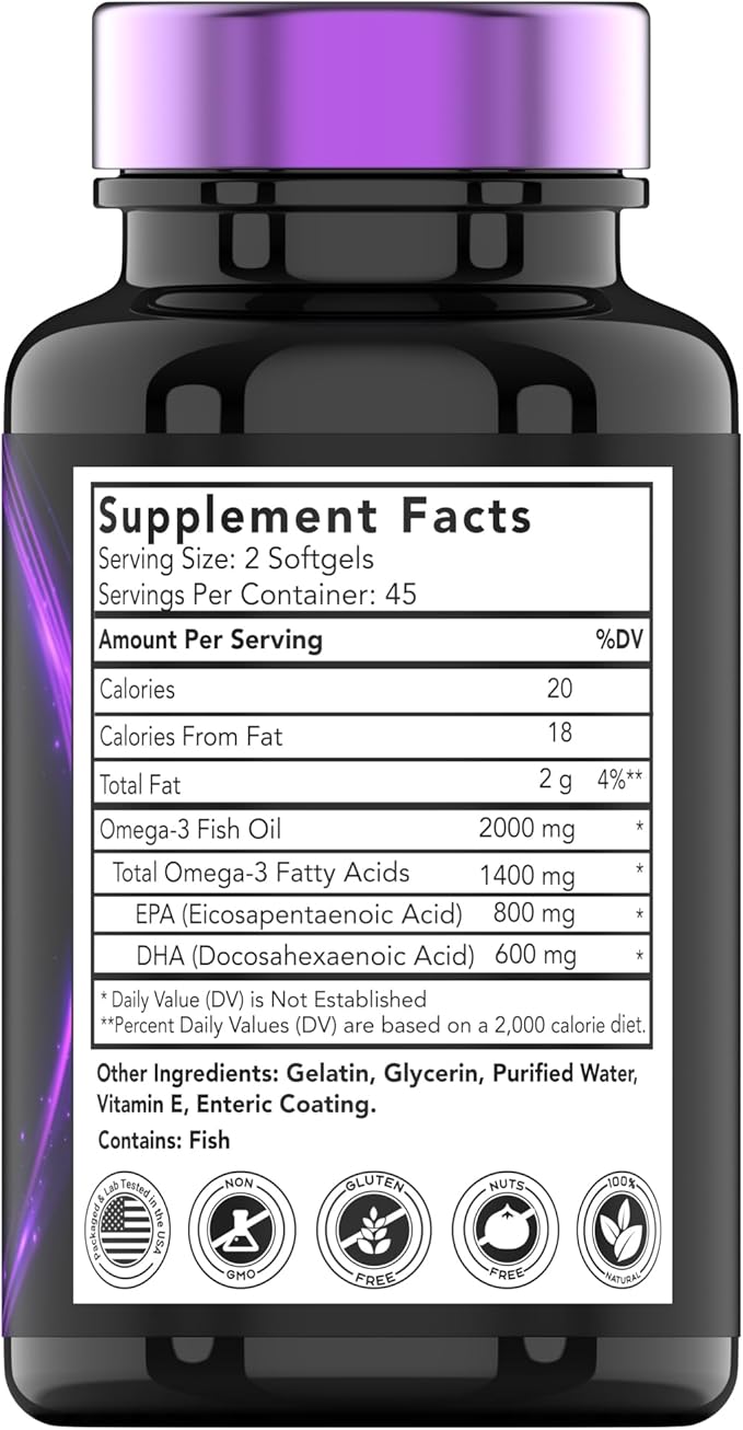 Burpless Omega-3 Fish Oil: 2000mg - 90 Softgels | 1400mg Total Omega-3 Fatty Acids (800mg EPA & 600mg DHA) | Enteric Coated Burpless Ultra Potent Fish Oil | Supports Heart Health