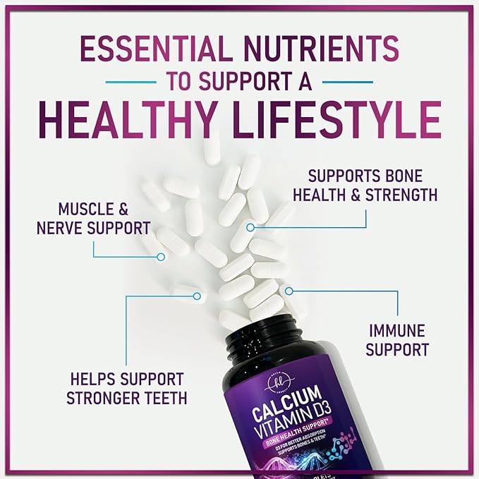 Calcium Supplements for Women 1200 mg Plus 1600 IU Vitamin D3, Bone Health, Teeth & Immune Support - Mineral Supplement with Vitamin D High Absorbable Premium Calcium Carbonate - 60 Tablets