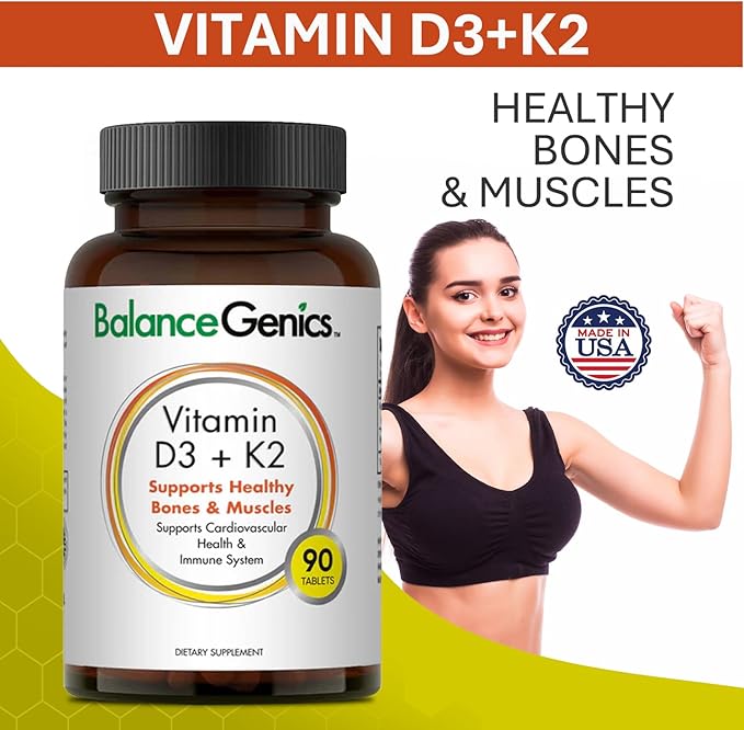 Vitamin D3 + K2 for Healthy Bones & Muscles - Dietary Supplement Supports Immune System, Muscle Function & Overall Wellness - Calcium Supplement with Organic Formula - 50mcg D3&75mcg K2