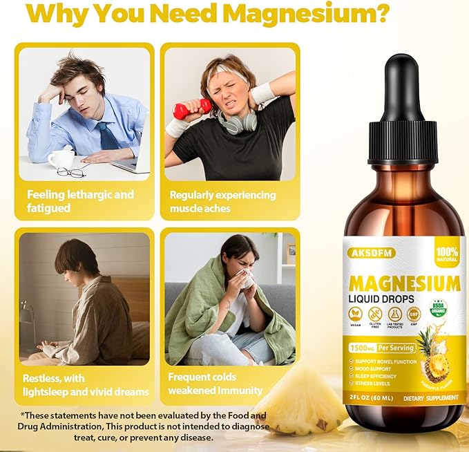 Magnesium Glycinate Liquid 2 Pack - 1500mg Maximized Absorption Magnesium Complex Supplement to Support Stress Relief, Night, Heart Health, Nerves and Muscles - Pineapple Flavor