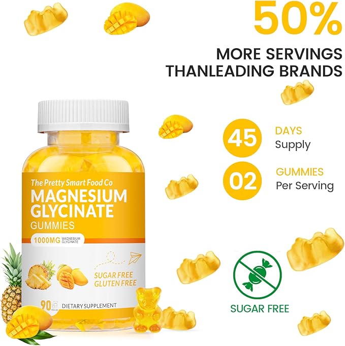 Magnesium Glycinate Gummies 1000mg - 90 Ct | Magnesium Potassium Supplements for Relaxation, Stress Relief, with Vitamin D, B6, CoQ10 for Calm Mood & Sleep Support - Mango Pineapple Gummies