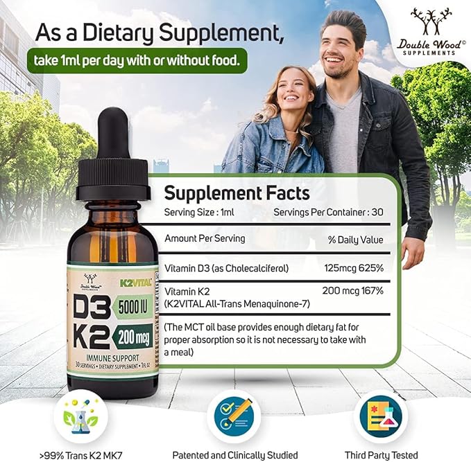Vitamin D3 K2 5,000 IU Liquid Drops (5,000 IU of D3 and 200mcg of 99.9% All-Trans Patented K2 MK-7 (K2Vital)) Max Absorption Liquid Vitamin D Drops (30 Servings) by Double Wood