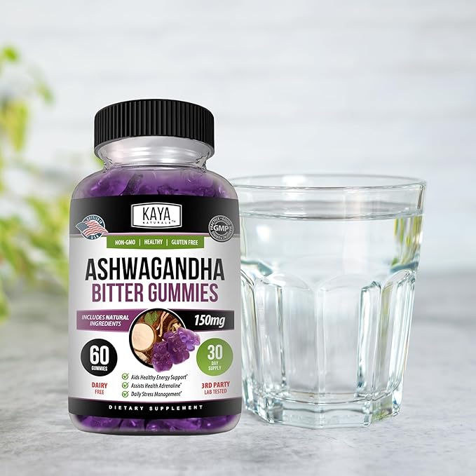 Kaya Naturals Ashwagandha Bitter Gummies - Natural Stress Relief, Boost Energy & Mental Clarity, Non-GMO, Gluten-Free, Chewable Gummies - 60 Count