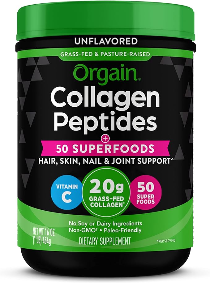 Orgain Hydrolyzed Collagen Powder + 50 Organic Superfoods For Women & Men, 20g Grass Fed Collagen with Vitamin C, Unflavored - Hair, Skin, Nail, & Joint Support Supplement, Non-GMO, Type I & III, 1lb