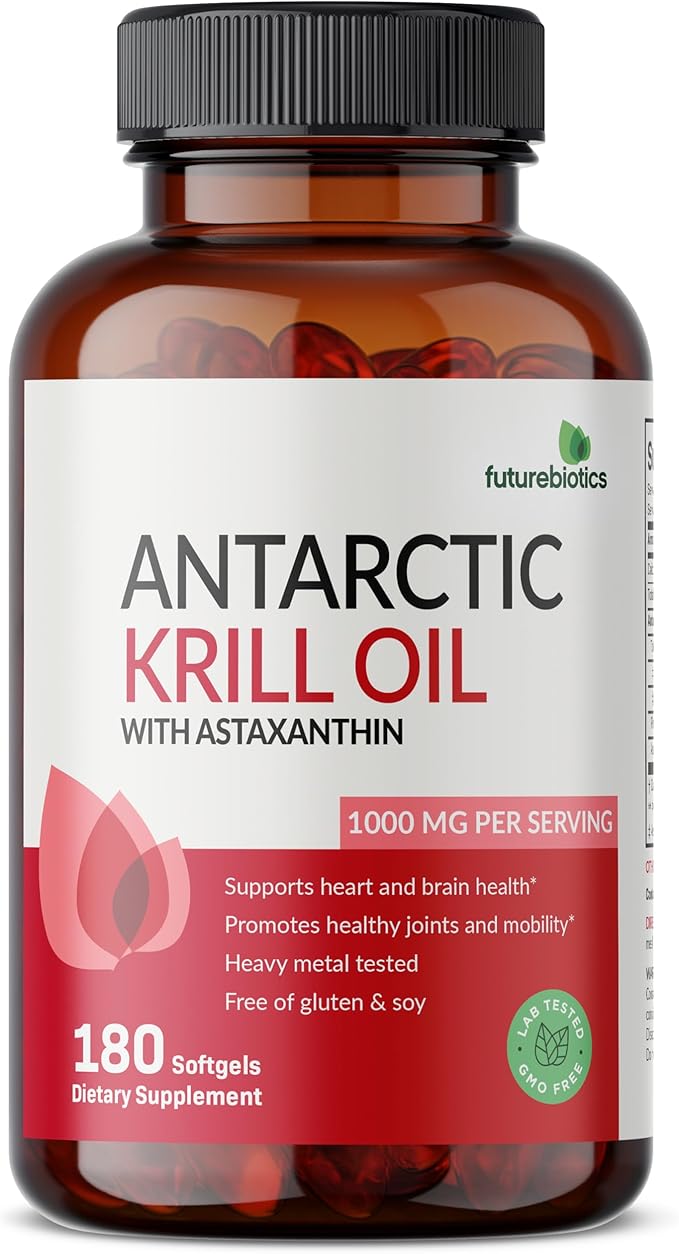 Futurebiotics Antarctic Krill Oil 1000mg with Omega-3s EPA, DHA, Astaxanthin and Phospholipids - 100% Pure Premium Krill Oil Heavy Metal Tested, Non GMO – 180 Softgels (90 Servings)