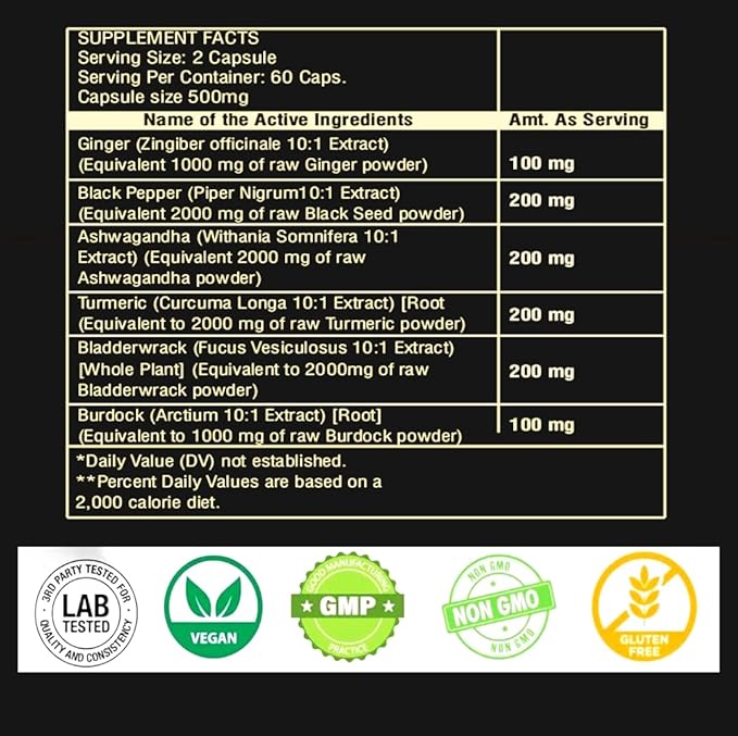 Premium Ashwagandha Extract Capsule with Ginger, Turmeric, Black Pepper, Bladderwrack, Burdock - 60 Capsule for 1 Month - Strength, & Immune Support