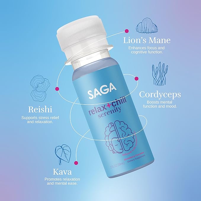 SAGA Organic Relaxation Shots | Contains Adaptogens & Mushrooms - Lion's Mane & Kava | High Bioavailability & Fast Onset | Elevate Mood & Reduce Fatigue | Strawberry Cucumber 2oz Shots (6-Pack)