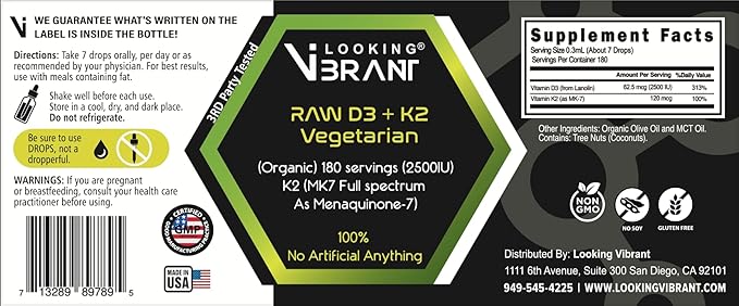 Vitamin D3 + K2 (MK-7) Liquid Drops with MCT Oil & Olive Oil - Vegetarian, Non-GMO, Soy-Free, Gluten-Free, Alcohol-Free, 1 Bottle, 2 Fl Oz (60 ml) - 180 Servings (2500 IU per Serving)