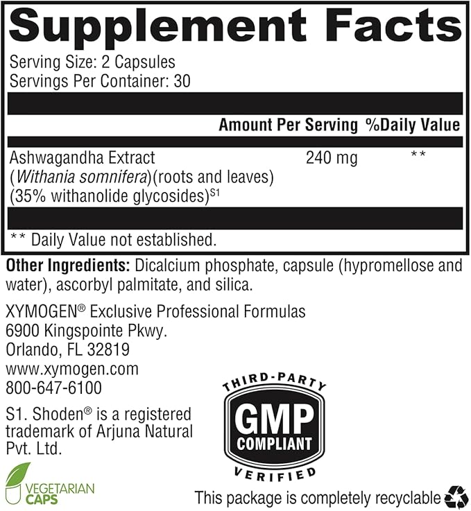 XYMOGEN Ashwagandha 35 - Patented, Purified Ashwagandha Root + Leaf Extract (35% Withanolide Glycosides) - Supports Healthy Stress Response, Relaxation and Quality Nighttime Rest (60 Capsules)