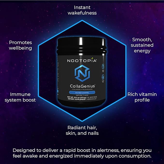Collagenius v 2.0 - Blended Powder of 4 Mushrooms, Collagen & Superfoods - Brain Supplement Supports Focus, Memory, Hair, Skin - Salted Caramel 15 Servings