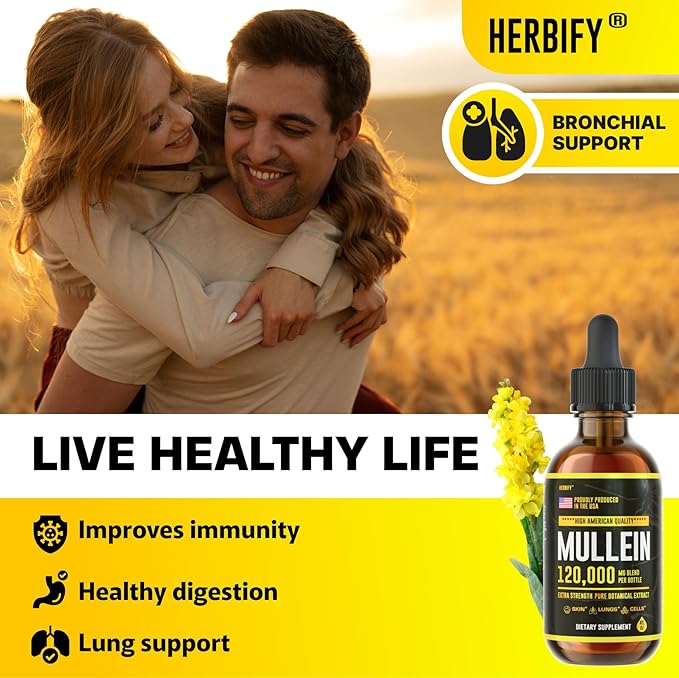 HERBIFY Mullein Drops - Lung Cleanse - Leaf Extract - Powerful Mullein for Immune Support,Detox & Respiratory Support - Made in USA - Herbal Supplements - 4 Oz