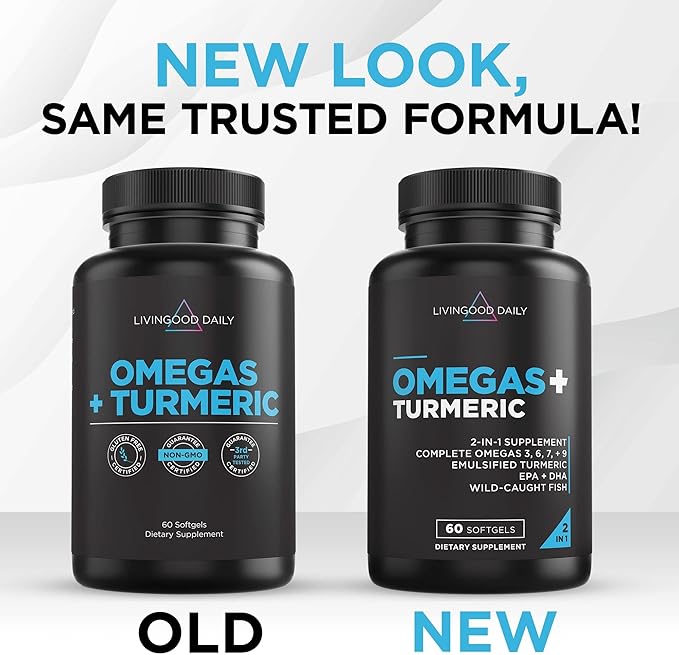 Livingood Daily Triple Omega 3 6 9 Supplement Plus Turmeric Curcumin, DHA & EPA, Fish Oil Supplements for Brain & Heart Health and Joint Support, Advanced Absorption, Gluten Free, Non GMO, 60 Softgels
