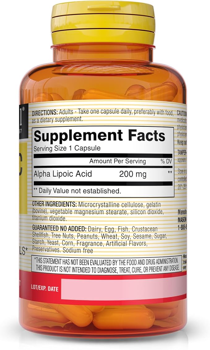 MASON NATURAL Alpha Lipoic Acid 200 mg - Supports Energy Production, Antioxidant Support Supplement, 60 Capsules