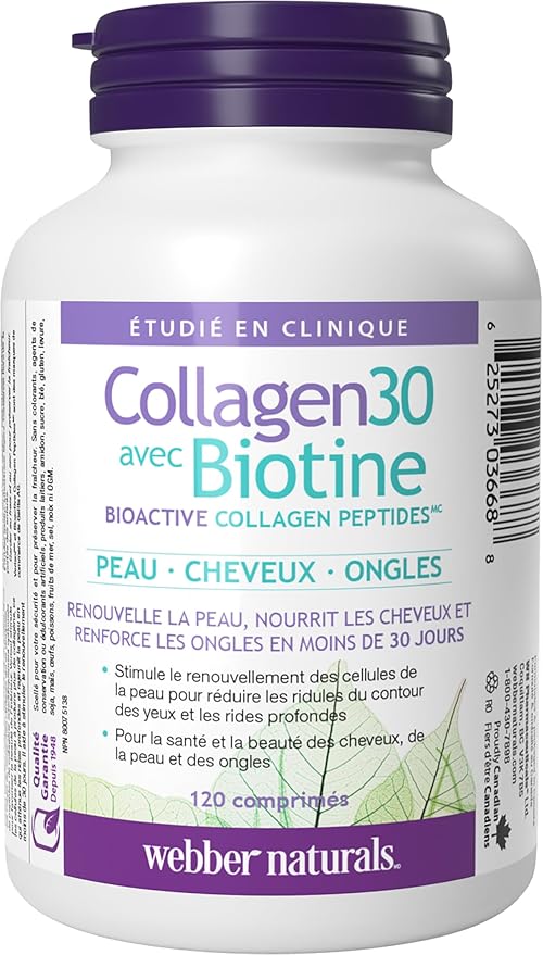 Webber Naturals Collagen30 with Biotin, 2,500 mg of Bioactive Collagen Peptides with 5,000 mcg of Biotin Per Serving, 120 Tablets, For Advanced Nourishment of Skin, Hair and Nails, Dairy & Gluten Free