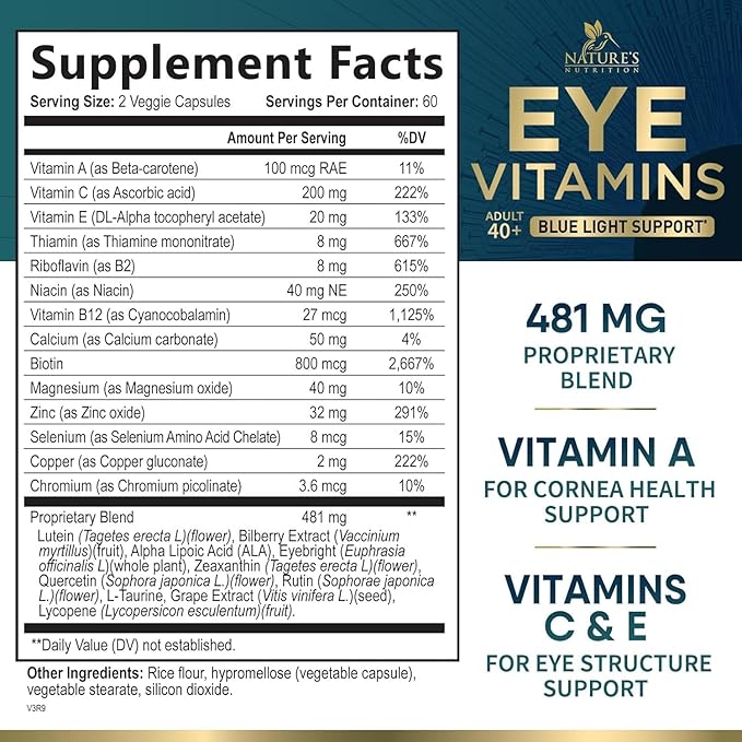 Eye Vitamins & Mineral Supplement - Contains Lutein, Zinc, Vitamins C, E & Zeaxanthin - Supports Eye Strain, Vision Macular Health & Dry Eyes for Seniors with Lycopene, Gluten Free - 120 Capsules