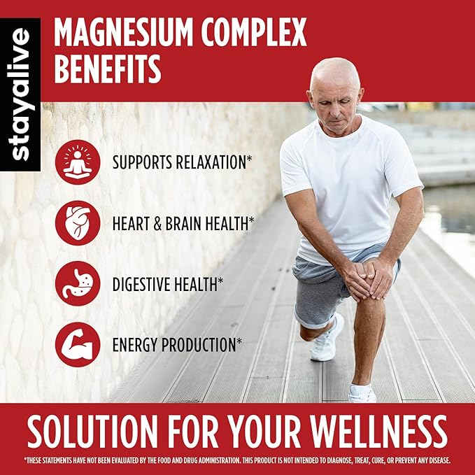 STAY ALIVE Triple Magnesium Complex Supplement 500mg, Chelated Glycinate, Citrate & Malate Powder, High Absorption Magnesium for Women and Men, 120 Pills, Non-GMO & Gluten-Free Capsules