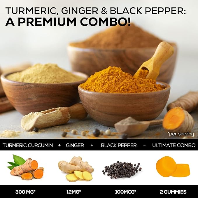Turmeric Gummies with Black Pepper & Ginger for Best Absorption, 95% Curcuminoids Tumeric Curcumin Gummy, Nature's Herbal Extract Joint Support Supplement, Vegan Non-GMO, Peach Flavor - 120 Gummies
