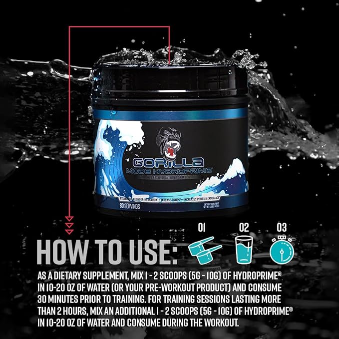 Gorilla Mind Hydroprime® Glycerol Pre-Workout - Hydrating Pre-Workout Formula for Intense Pumps · Intramuscular Hyper-Hydration · Increased Power & Endurance/Mixes Flawlessly - 400g