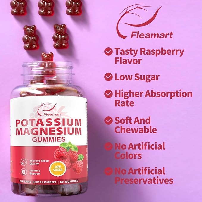 Potassium Magnesium Gummies Potassium Citrate 99mg Magnesium Citrate 250mg Magnesium Potassium Complex Supplement, Immune Support, 60 Raspberry Gummies