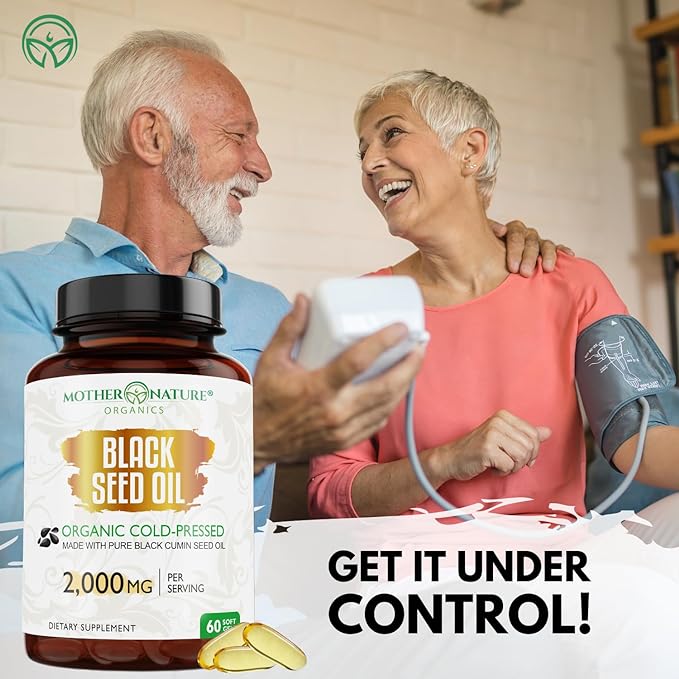 Mother Nature - Organic Black Seed Oil Capsules, Cold Pressed, 2% TQ, 100% Turkish-Black Cumin Nigella, Sativa Oil-3 Month Supply for Immune Support, Joint, Digestive Health,1000mg per Capsule, 180ct