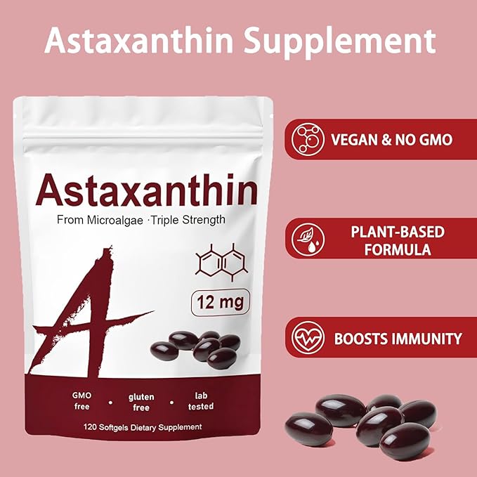 Astaxanthin 12mg, Organic Astaxanthin Antioxidant Supplements For Tanning, Skin, Eye, Joint Health, 120 Softgels