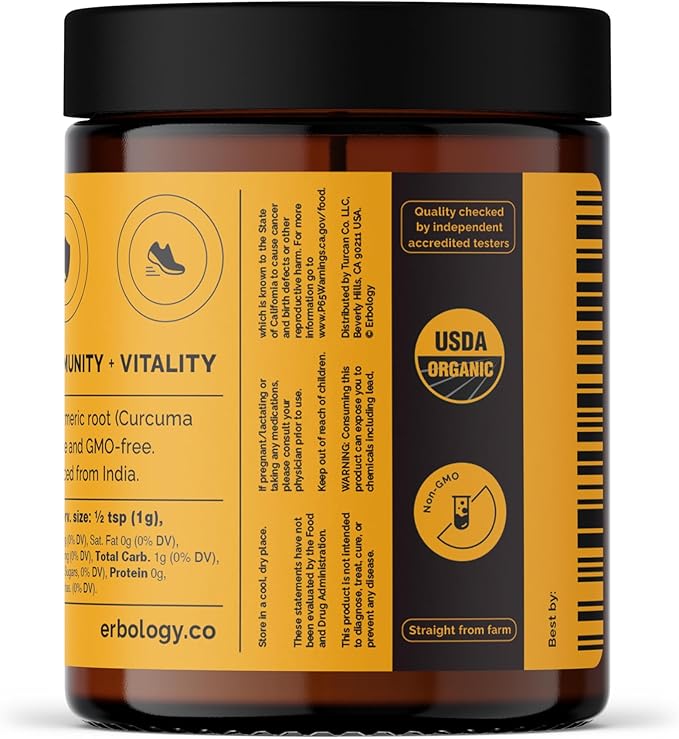 Erbology Organic Turmeric Powder 3.2 oz - 90 Servings - 5.5% Curcumin - No Additives or Preservatives - Sustainably Sourced Straight from Farm in India - Small Batch - Vegan - GMO-Free