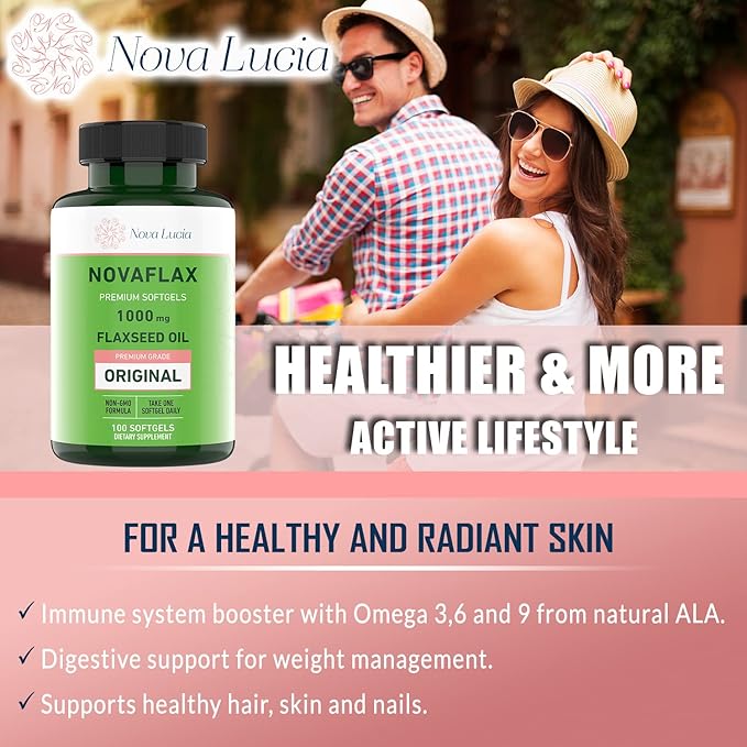 Natural Organic Flaxseed Oil 1,000 mg, Essential Omega 3 6 9 Natural ALA Healthy Hair Skin and Nails Gluten Free, Non-GMO, Hexane Free 100 Liquid Softgels