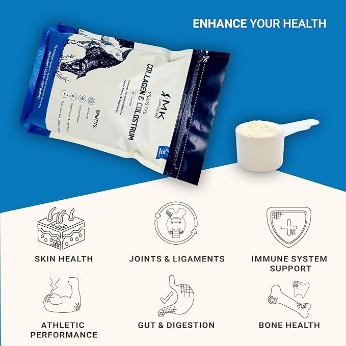 MK Supplements Grass-Fed Collagen & Colostrum Supplement, 45 Servings, Non-GMO, Gluten Free, Supports Gut Health, Immunity, Hair, Skin, Nails, Joints