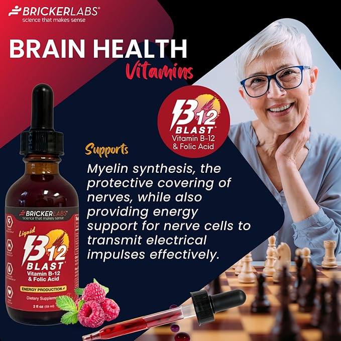 B-12 Blast Liquid Vitamin B12 and Folic Acid Supplement, Support Energy Production, Great Tasting Liquid Vitamin B12 Dietary Supplement in Natural Raspberry Flavor, 2 fl oz Bottle